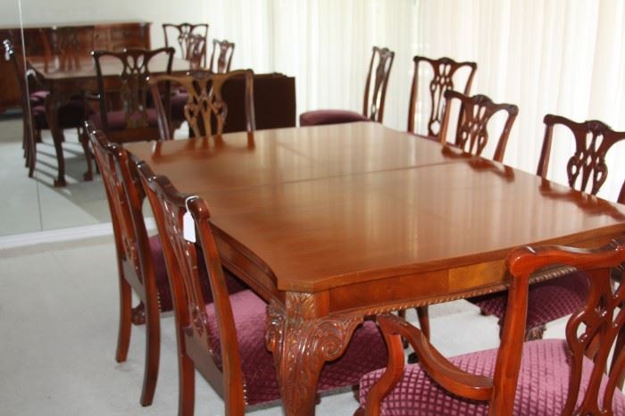 Beautiful fine quality Chippendale style  dining table with 8 chairs with buffet and china cabinet made by Andrew Malcolm - Dining table with 8 chairs and pads $1,750, Buffet $550, China cabinet $650. 