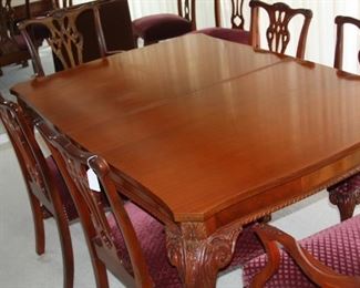 Beautiful fine quality Chippendale style  dining table with 8 chairs with buffet and china cabinet made by Andrew Malcolm - Dining table with 8 chairs and pads $1,750, Buffet $550, China cabinet $650. 