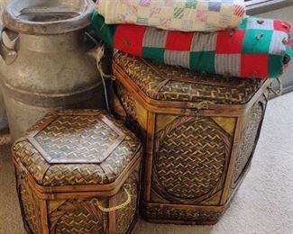 Milk can, baskets, quilts