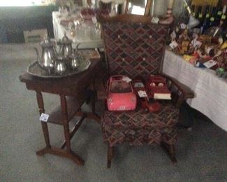 Rocking chair, pewter tea service 