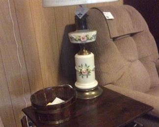 Antique table, lamp
