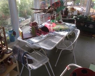 Folding metal table, four chairs, tea cart