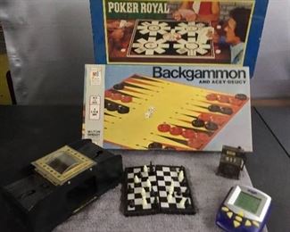 Games - 1979 Poker Royal/ 1973 Backgammon/ Card Shuffler/ Electronic Boggle/ Magnetic Chess & Slot Machine Pencil Sharpener