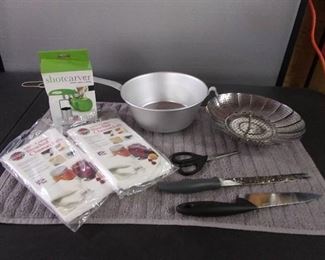 Metal Strainer/ 2 Bleached Cheesecloths/ 2 Knifes/ Scissors/ Veg Strainer & Apple Shot Carver