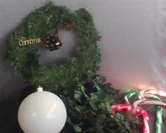 Christams Yard Decorations 3 Light Up Candy Gains 1 Doesn't Light , Door Wreath And Giant Christmas Ornament