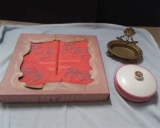 Vintage New Towels in Original Box/ Avon Dusting Powder & Soap Dish