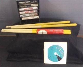 Misc. Cassette Tapes And Holder , Drum Sticks And Play Drums DVD