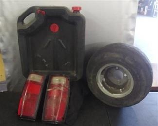 Oil Container, Misc .Tail Lights, Lawn Mower Wheel and Tire