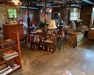 Books, antique dressers, hand built hi-fi cabinet, tools, collectibles