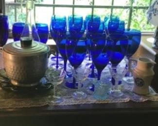 Vintage bar ware, cobalt blue glassware 