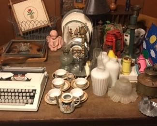 Vintage typewriter, doll china, lamp parts
