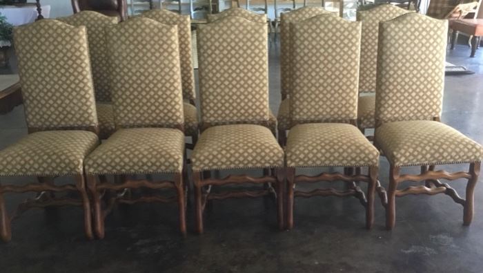 10 Antique chairs upholstered in designer fabric with nail heads 