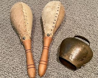 Item 36:  Traditional Maracas - leather and wood & Cow Bell:  $16