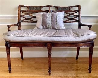 Item 260:  Antique Caned Seat Double Bench with Custom Down Cushion - 47"l x 18.75"w x 38.5"h: $425