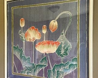 Item 131:  Hand Painted Orange Poppies on Silk from Thailand - 36" x 37": $245
