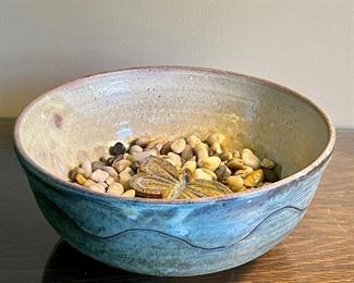 Item 132:  Signed Art Pottery Bowl with Pebbles and Pottery Dragonfly: $24 