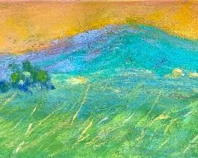 Item 165:  Pastel by Dina Gardner - "Sunset and Blue Mountains" - 2.25" x 7":  $50