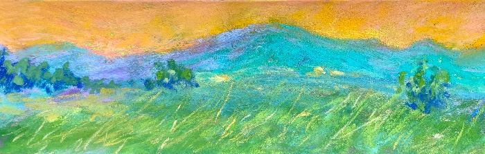 Item 165:  Pastel by Dina Gardner - "Sunset and Blue Mountains" - 2.25" x 7":  $50