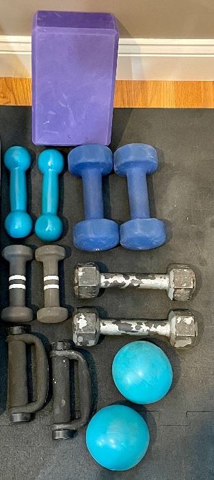 Item 187:  Lot of Assorted Weights with Purple Yoga Block: $38