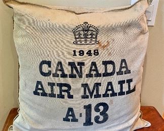 Item 215:  Old Canadian Mailbag Pillow - 22" x 22": $14