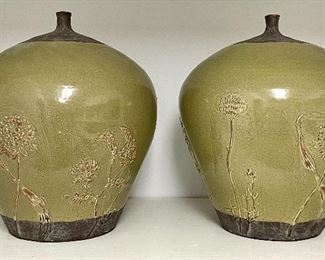 Item 242:  Pair of Green Asian Inspired Vessels with Embossed Flowers - 13": $48 for pair