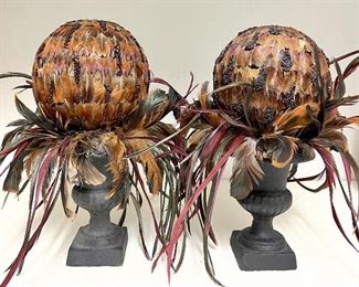 Item 373:  Pair of Urns with Feather Decor: $34
