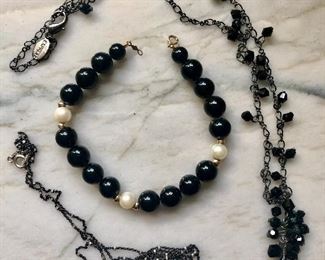 Item 399:  Necklace with Onyx and Pearls with 14K gold beads: $48                                                                                                             Item 400:  Black Sterling Silver Very Fine Chain: $18                           Item 401:  Black Fashion Necklace with Black Beads: $12