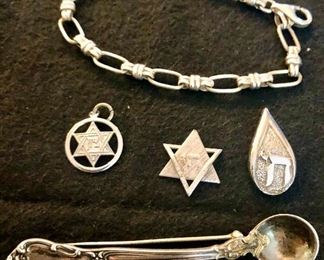 Item 446:  Sterling Silver Bracelet: $38                                                          Item 447:  Set of 3 Sterling Silver Judaica Charms: $35                       Item 448:  Sterling Silver Spoon Pin: $12