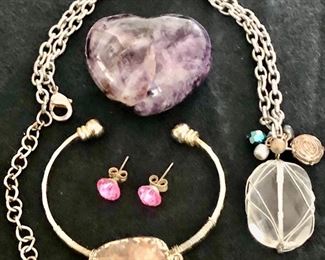 Item 418:  Quartz Necklace: $14                                                                     Item 419:  Pink Fashion Earrings: $6                                                              Item 420:  Heart Shaped Purple Stone: $6                                                 Item 421:  Bracelet with Quartz Stone: $10