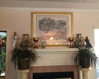 beautiful mantle with print, Asian figures by Wildwood, Victorian mantle lustres -fabulous gilded ruby glass with grand prisms, Japanese porcelains decorated in Hong Kong