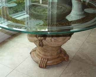 no. 116 Large round glass top table - Glass top etched/painted Lion heads, Lion Heads on base - top 60" across, 30 1/2" tall - $895