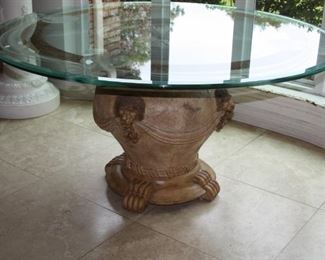 no. 116 Large round glass top table - Glass top etched/painted Lion heads, Lion Heads on base - top 60" across, 30 1/2" tall - $895