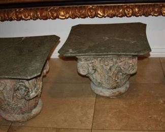 no. 126 Pair of Stone pillar base tables with green marble tops - 26" x 26" 19 1/2" t - $450
