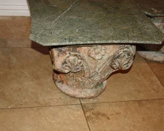 no. 126 Pair of Stone pillar base tables with green marble tops - 26" x 26" 19 1/2" t - $450