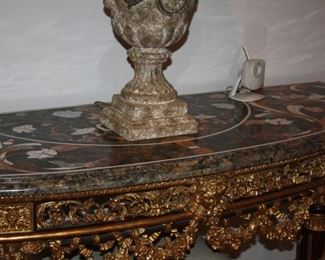 no. 127 French curved console table with inlaid marble top/ormolu - 69 1/2" w, 25" d, 36" tall - $2,450 