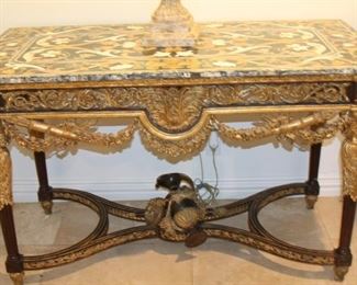 no. 131 Large French console table with inlaid marble top/ormolu - 57 1/2" w, 29 1/2" d, 35" t - $2,250
