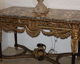 no. 131 Large French console table with inlaid marble top/ormolu - 57 1/2" w, 29 1/2" d, 35" t - $2,250
