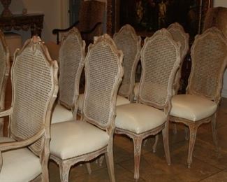 no. 133 Set of eight French dining chairs leather seats/cane backs - $1650