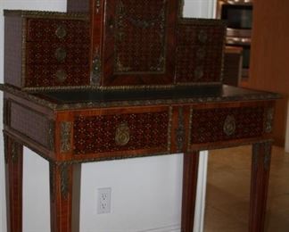 no. 135 Small inlaid writing desk w/storage compartments drawers green leather top - 37 1/2" t, 21 1/2" d, 54" t - $595 
