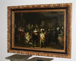 no 138. Large oil painting on canvas - Rembrandt "The Night Watch" copy - beautiful frame nice detail - $1,750 