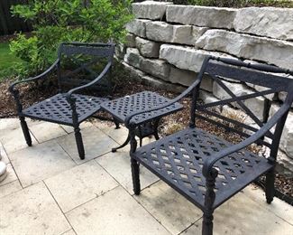 Cast aluminum patio chairs and side drink table 