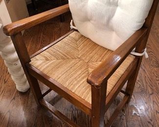 beautiful farmhouse table, white distressed base, natural wood plank top, 6 ladder back chairs with rush seats and thick white cushions - 2 arm, 4 side