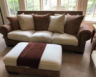 leather and linen mixed textures sofa, ottoman and large chair - sofa is 102"L x 38.5"H x 44"D, ottoman is 42"L x 27"W, chair is 53"W x 38.5"H x 44"D