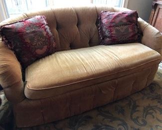 cozy, caramel velvet covered, rounded Sherrill sofa & loveseat with button tufted arms, back and skirt - sofa is 72"L x 40"D x 34"H, loveseat is 68"L x 40"D x 34"H