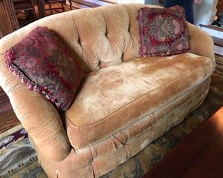 cozy, caramel velvet covered, rounded Sherrill sofa & loveseat with button tufted arms, back and skirt - sofa is 72"L x 40"D x 34"H, loveseat is 68"L x 40"D x 34"H