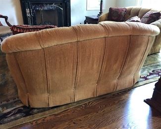 cozy, caramel velvet covered, rounded Sherrill sofa & loveseat with button tufted arms, back and skirt - sofa is 72"L x 40"D x 34"H, loveseat is 68"L x 40"D x 34"H