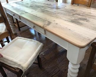 beautiful farmhouse table, white distressed base, natural wood plank top, 6 ladder back chairs with rush seats and thick white cushions - 2 arm, 4 side