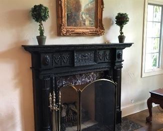 faux topiary, oil painting, brass fireplace tools