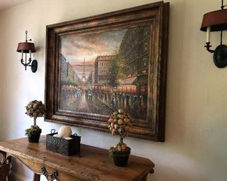 Parisian street scene art signed "Michelle", + faux fruit topiary