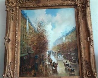 Pencke French street scene oil in carved frame